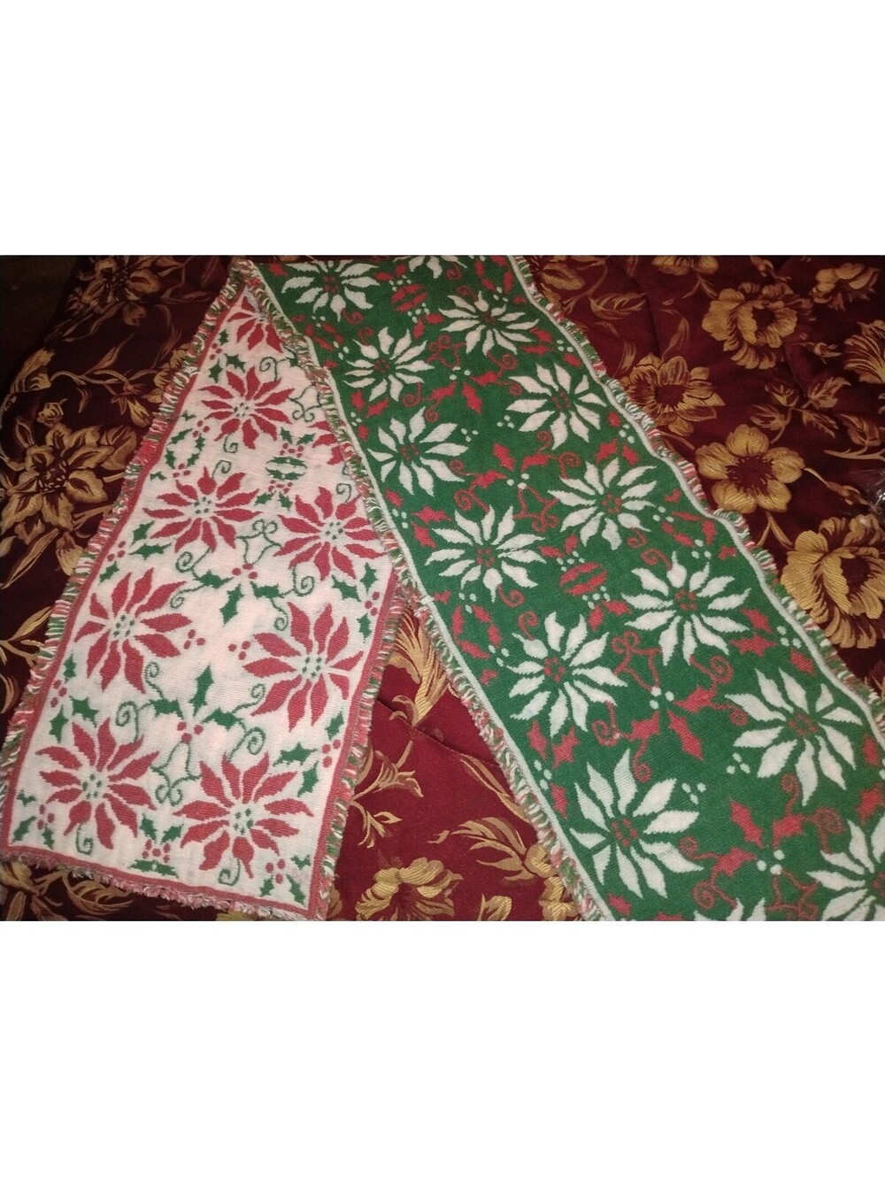 Vintage Christmas Poinsettia Reversible Woven Table Runner / Holiday Decor